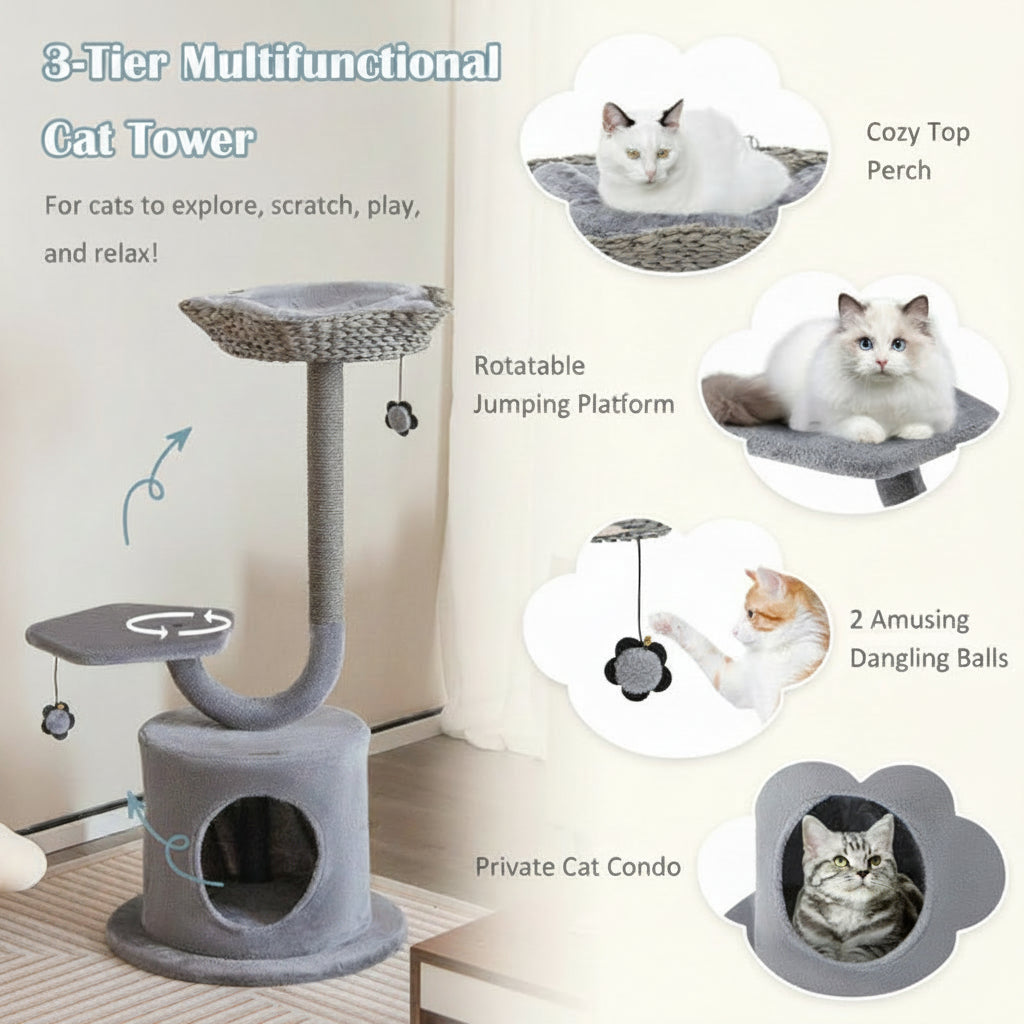 3-tier multifunctional cat tower with various features and cats using it.