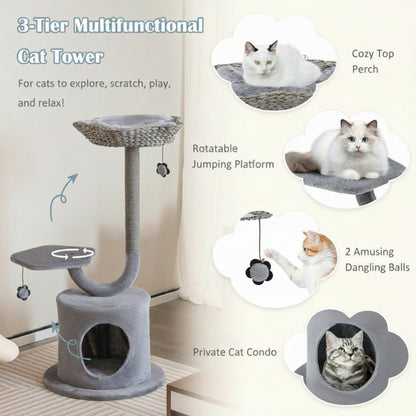 3-tier multifunctional cat tower with various features and cats using it.