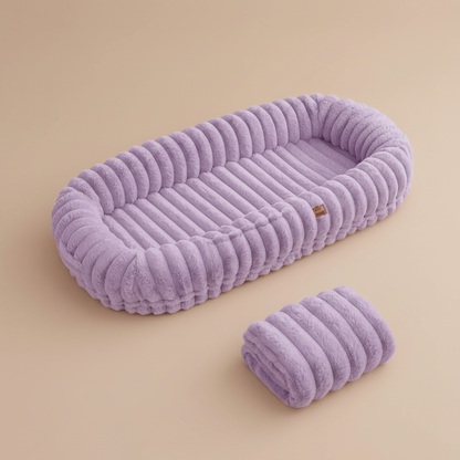 Purple textured pet bed on a beige background