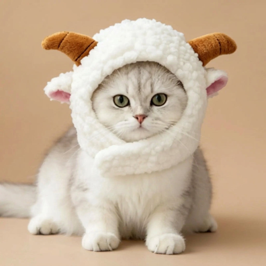 A white cat wearing a fluffy white sheep costume hood with brown horns and pink inner ears, photographed on a beige background.