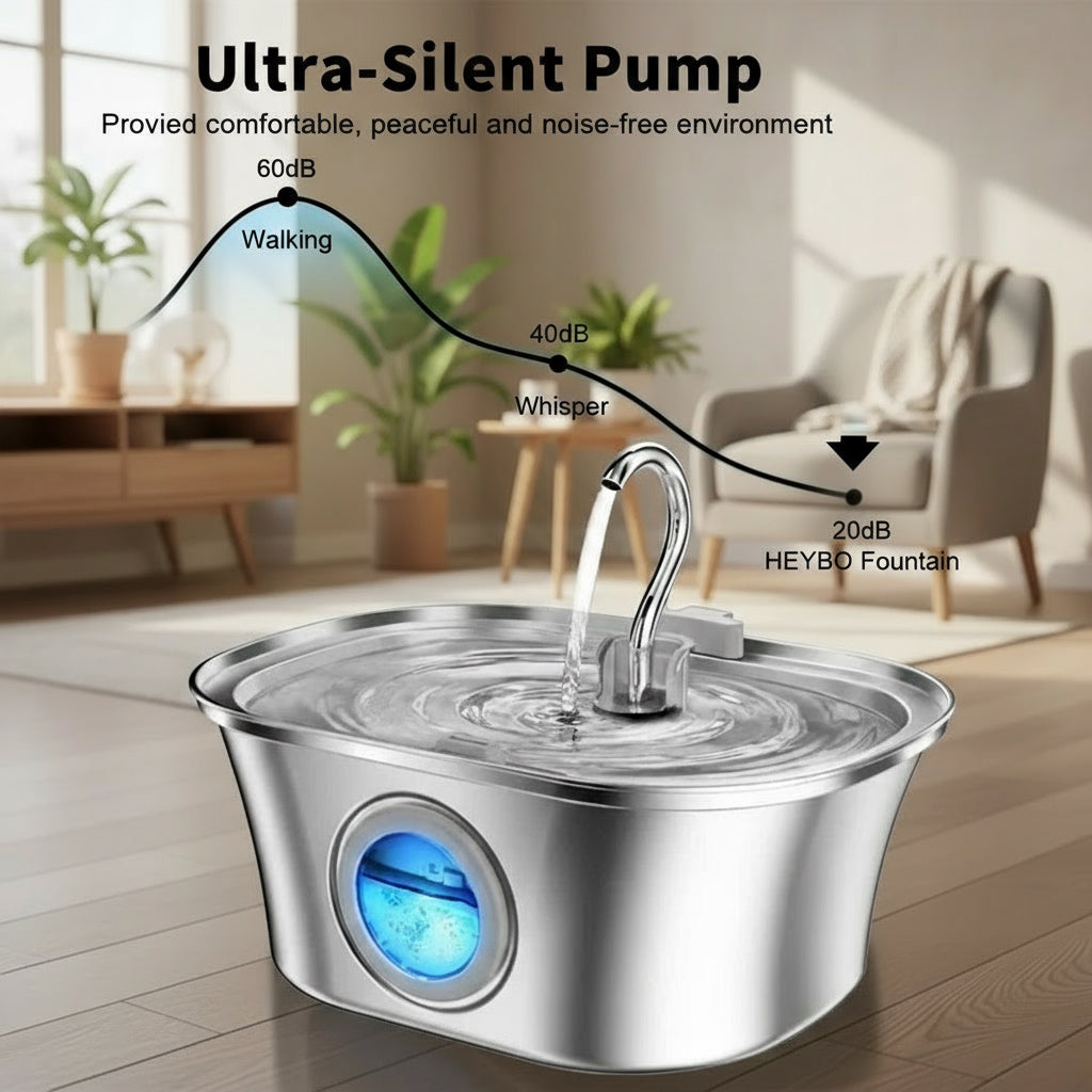 HEYBO Cat Water Fountain 3.2L Automatic Stainless Steel Pet Fountain Dog Water Dispenser
