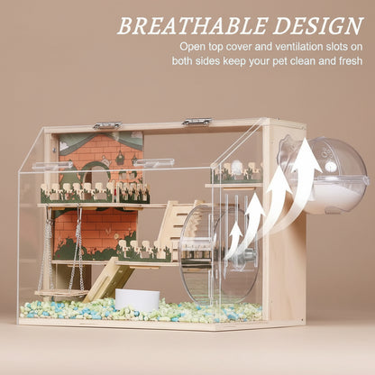 Wooden pet enclosure with transparent sides, ventilation slots, and a breathable design label.