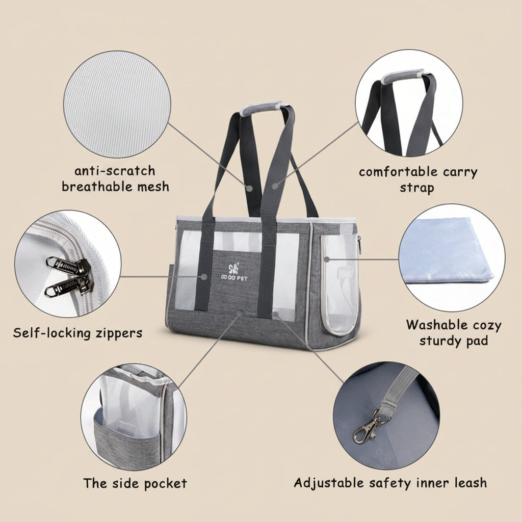 Gray pet carrier with features highlighted on a white background