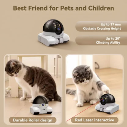 Robotic pet toy with cats interacting, highlighting features like obstacle crossing height and climbing ability.