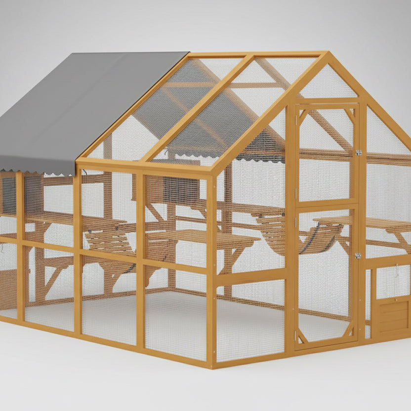 Large Catio Outdoor Cat Enclosure for Multiple Kittens, Wooden Cat House with Waterproof Cover, Walk in Kitty Cage Kennel With