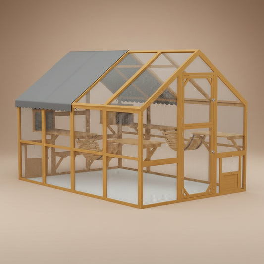 Large Catio Outdoor Cat Enclosure for Multiple Kittens, Wooden Cat House with Waterproof Cover, Walk in Kitty Cage Kennel With