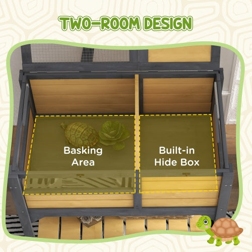 Two-room terrarium design with basking area and built-in hide box, labeled on a beige background.