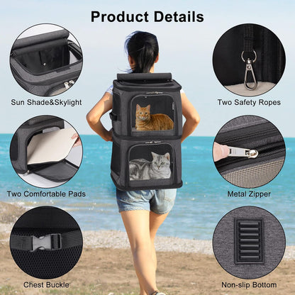 2-In-1 Double Pet Carrier Backpack for Small Cats and Dogs, Portable Pet Travel Carrier, Super Ventilated Design, Ideal for Traveling/Hiking/Camping, Black
