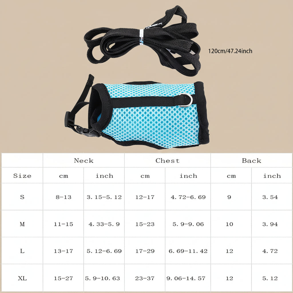 Pet harness and leash set with size chart on a beige background