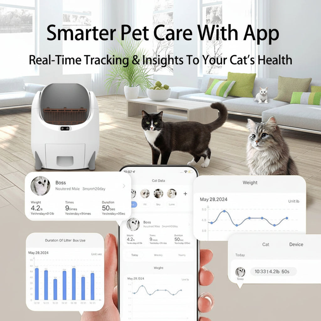 Smart pet care system with app interface, cats, and modern living room.