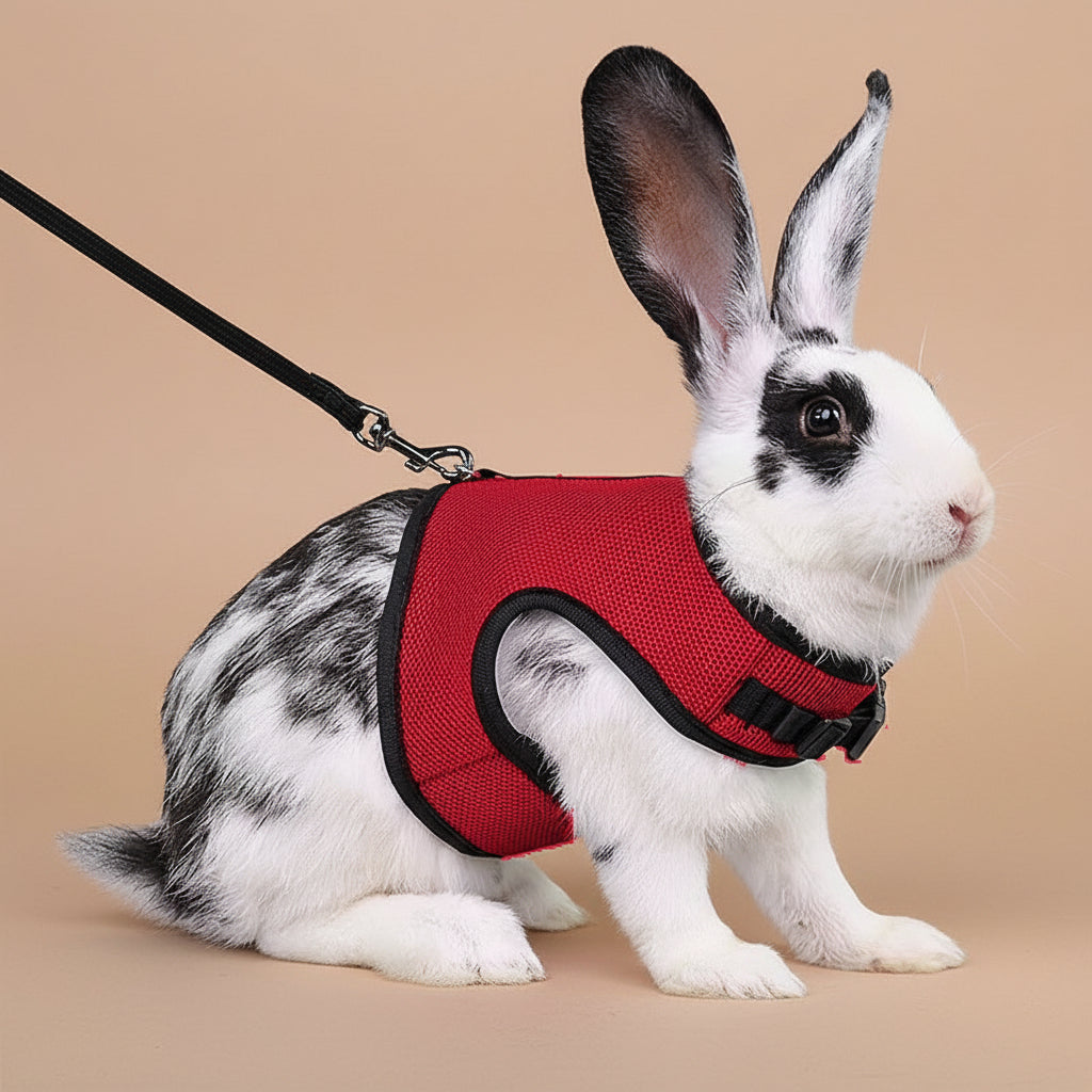 Rabbit wearing a red harness and black leash on a beige background