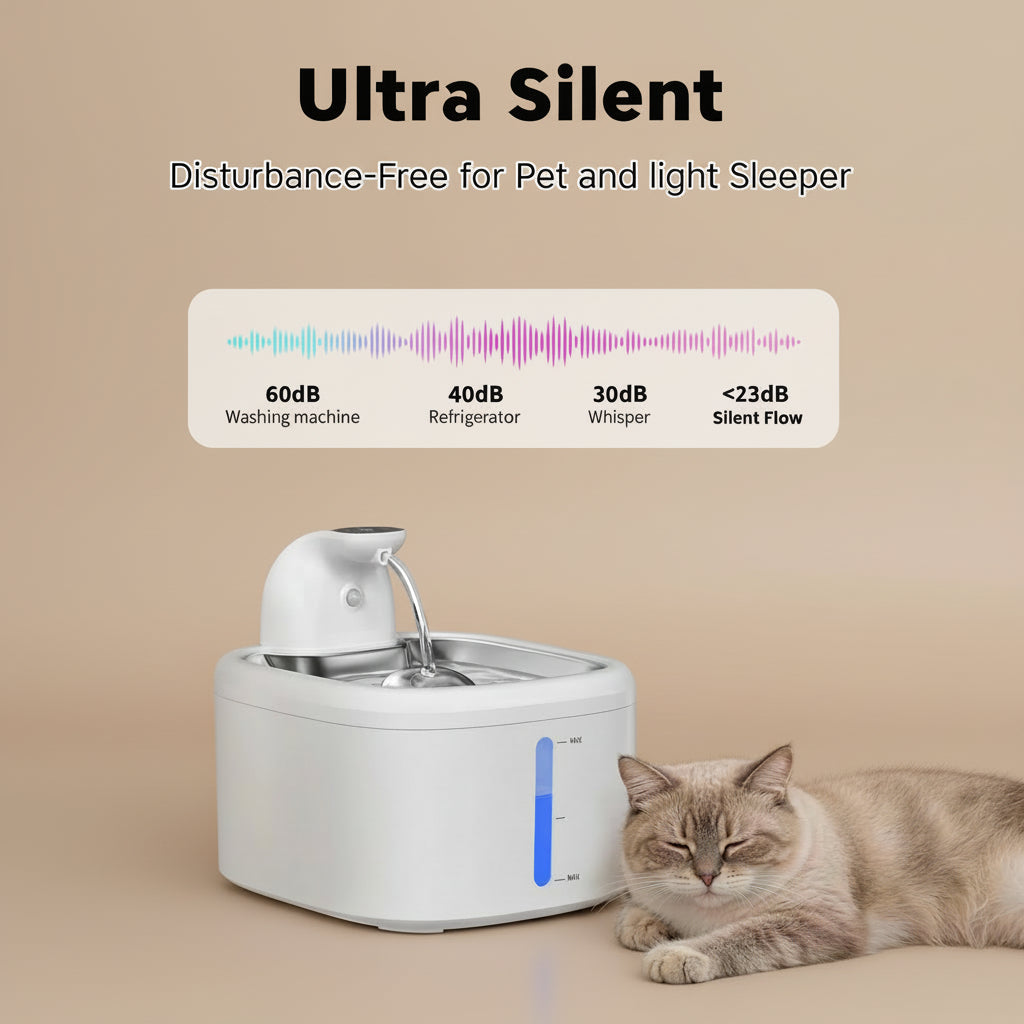 Pet water fountain with a cat resting nearby, labeled as ultra-silent.