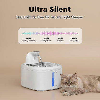 Pet water fountain with a cat resting nearby, labeled as ultra-silent.