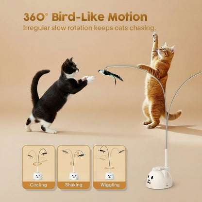 Cat toy with 360-degree bird-like motion features, showing cats playing with it.