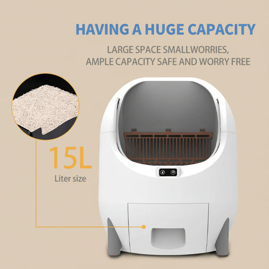 Cat litter box with 15L capacity and text highlighting its large space and worry-free use.