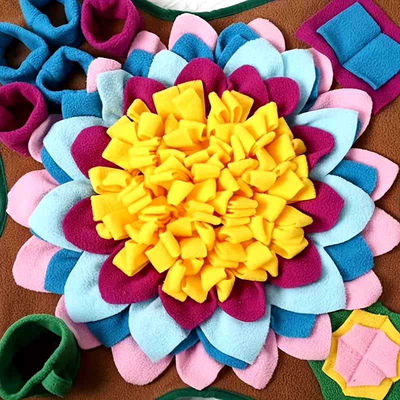 Colorful flower-shaped felt pieces on a brown surface