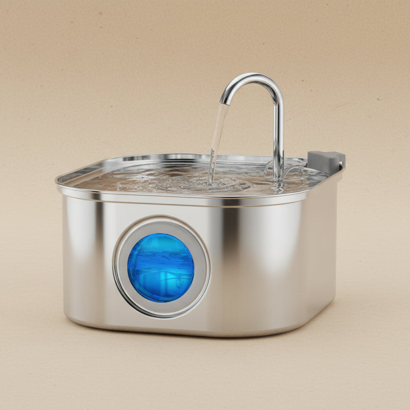 Stainless steel pet water fountain with clear reservoir and blue light indicator on a beige background