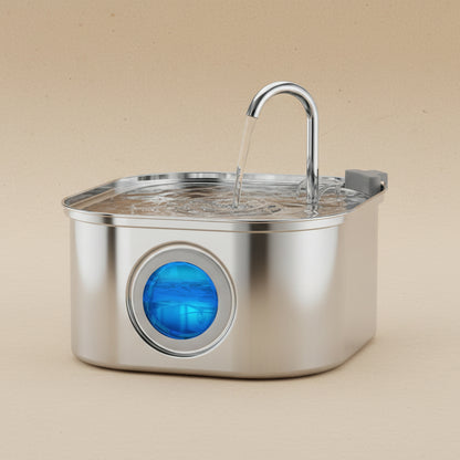 Stainless steel pet water fountain with clear reservoir and blue light indicator on a beige background