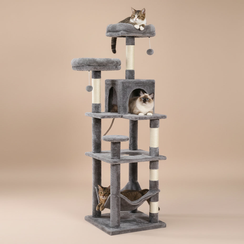 Gray cat tree with multiple levels and a hammock, featuring cats on different levels.