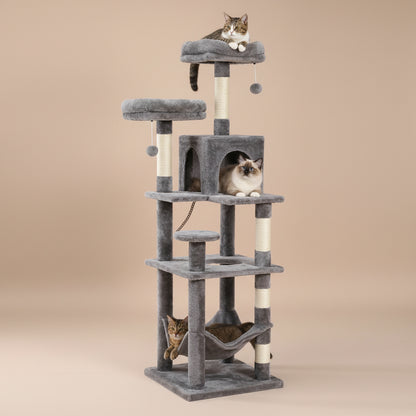 Gray cat tree with multiple levels and a hammock, featuring cats on different levels.