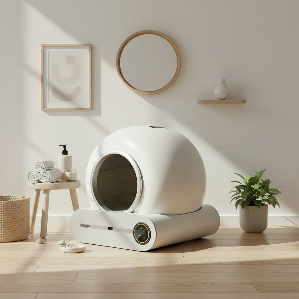 White smart litter box with a circular design in a bathroom setting
