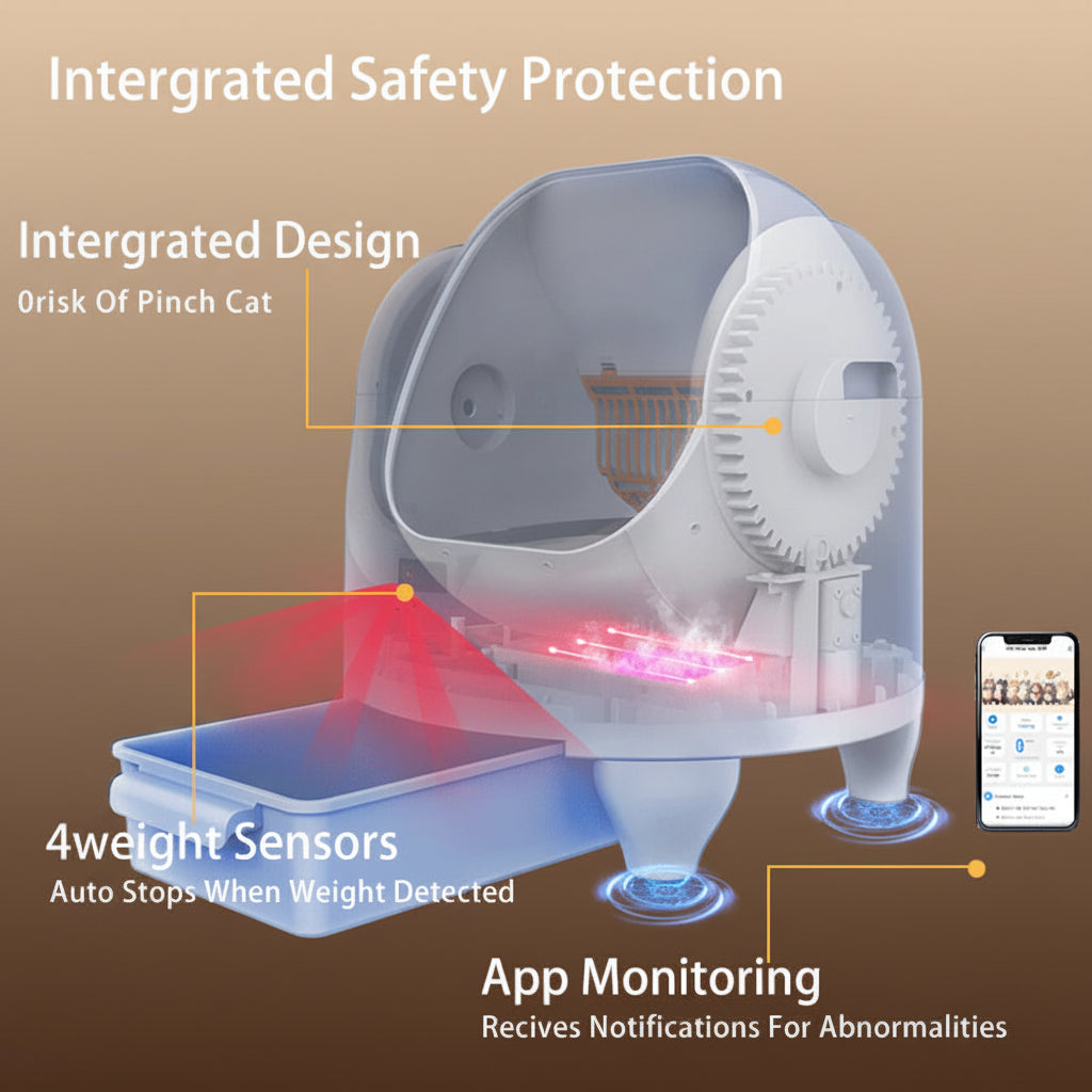 Diagram of a pet product with safety features like integrated design, pinch cat prevention, weight sensors, and app monitoring on a dark background.