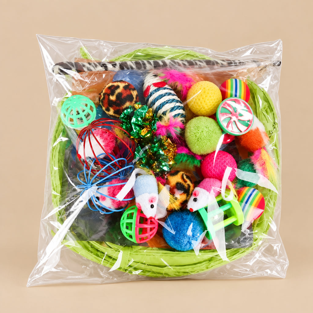 Assorted colorful cat toys in a clear plastic bag on a white background