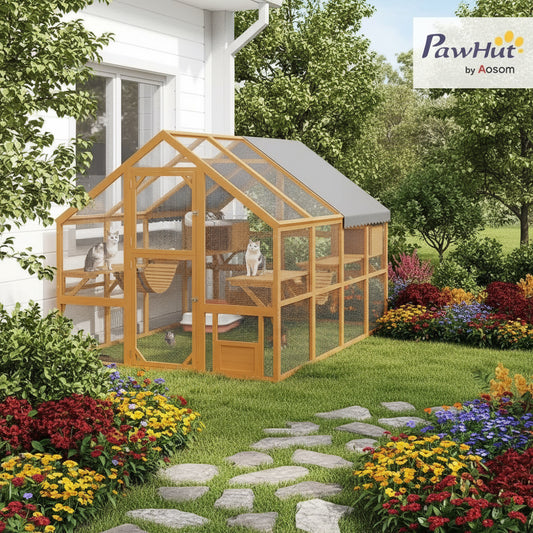 Large Catio Outdoor Cat Enclosure for Multiple Kittens, Wooden Cat House with Waterproof Cover, Walk in Kitty Cage Kennel With
