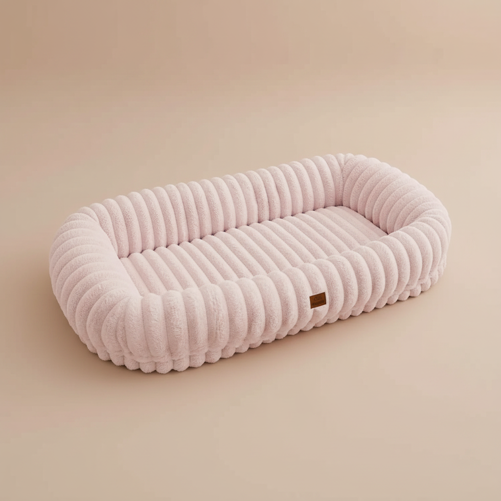 pink human size pet bed on a beige background.