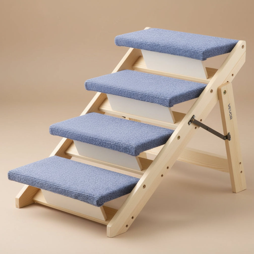 Pine wood folding pet stairs with 4 blue carpet covered steps on a beige background