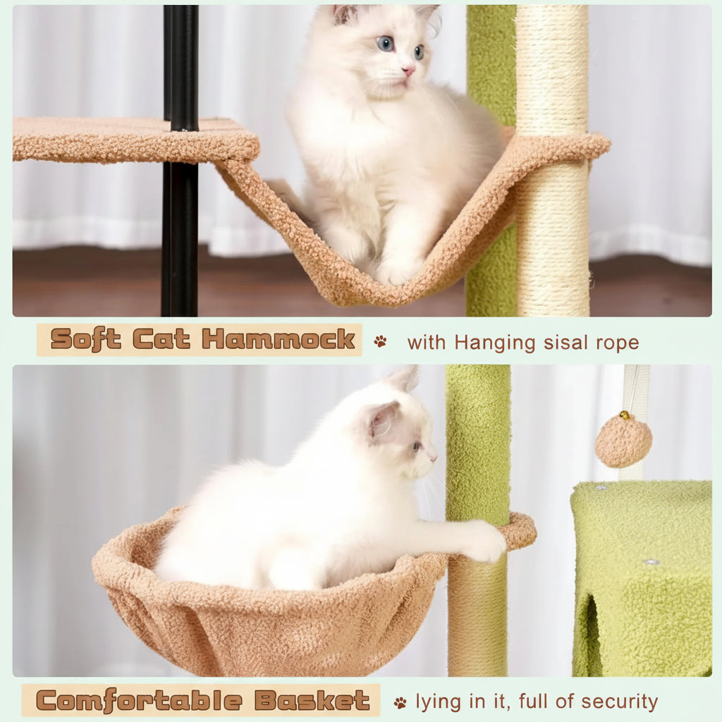 Cat using a soft cat hammock and hanging sisal rope with a comfortable basket.