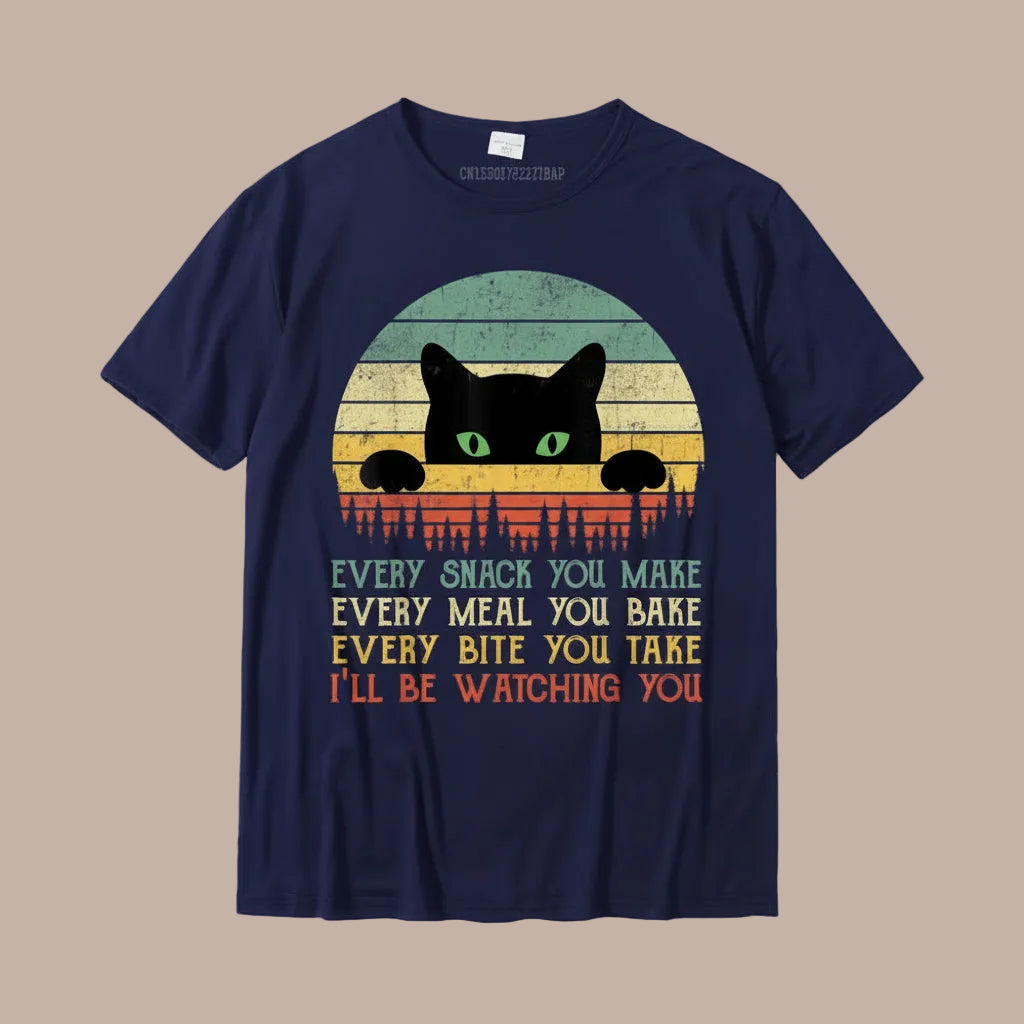 Navy blue t-shirt with a black cat graphic and text on a white background