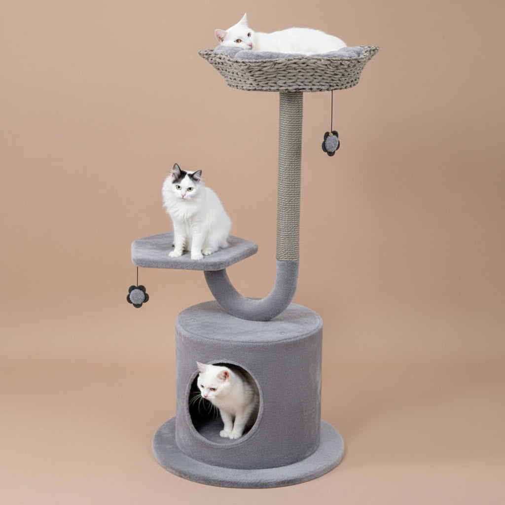 Cat tree with multiple levels and a cat sitting on each level against a beige background