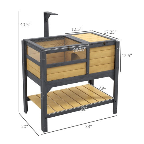 Wooden rabbit hutch with dimensions labeled on a white background