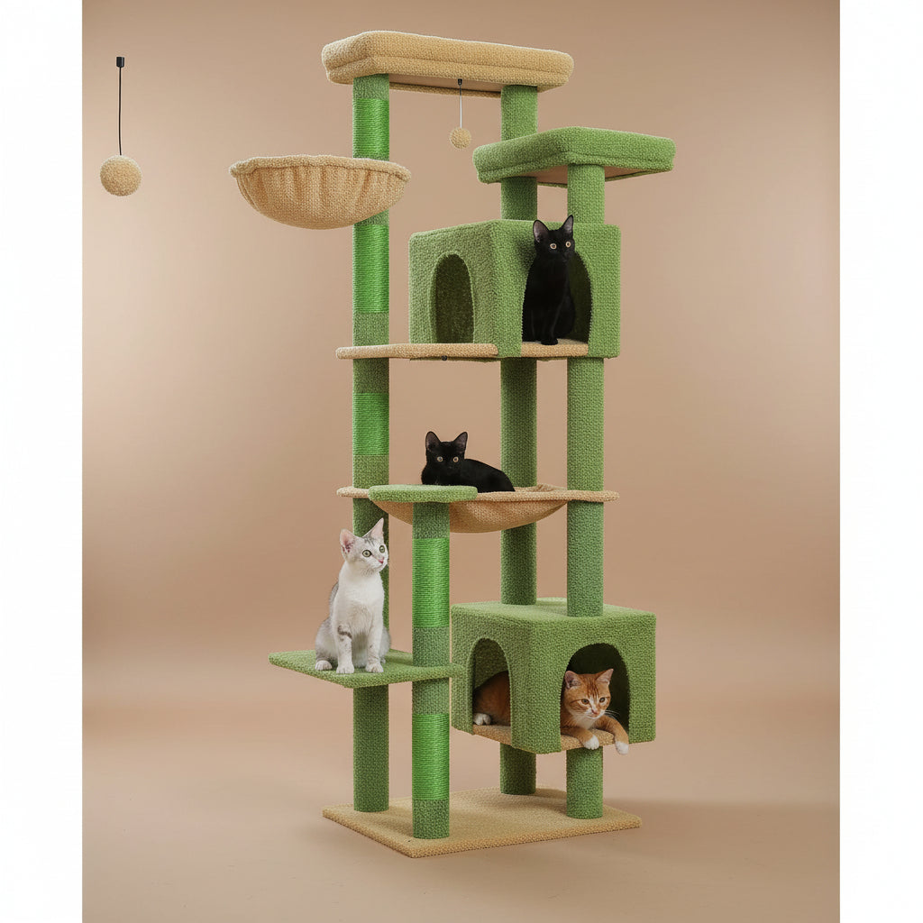 Green cat tree with multiple levels and a cat on each level