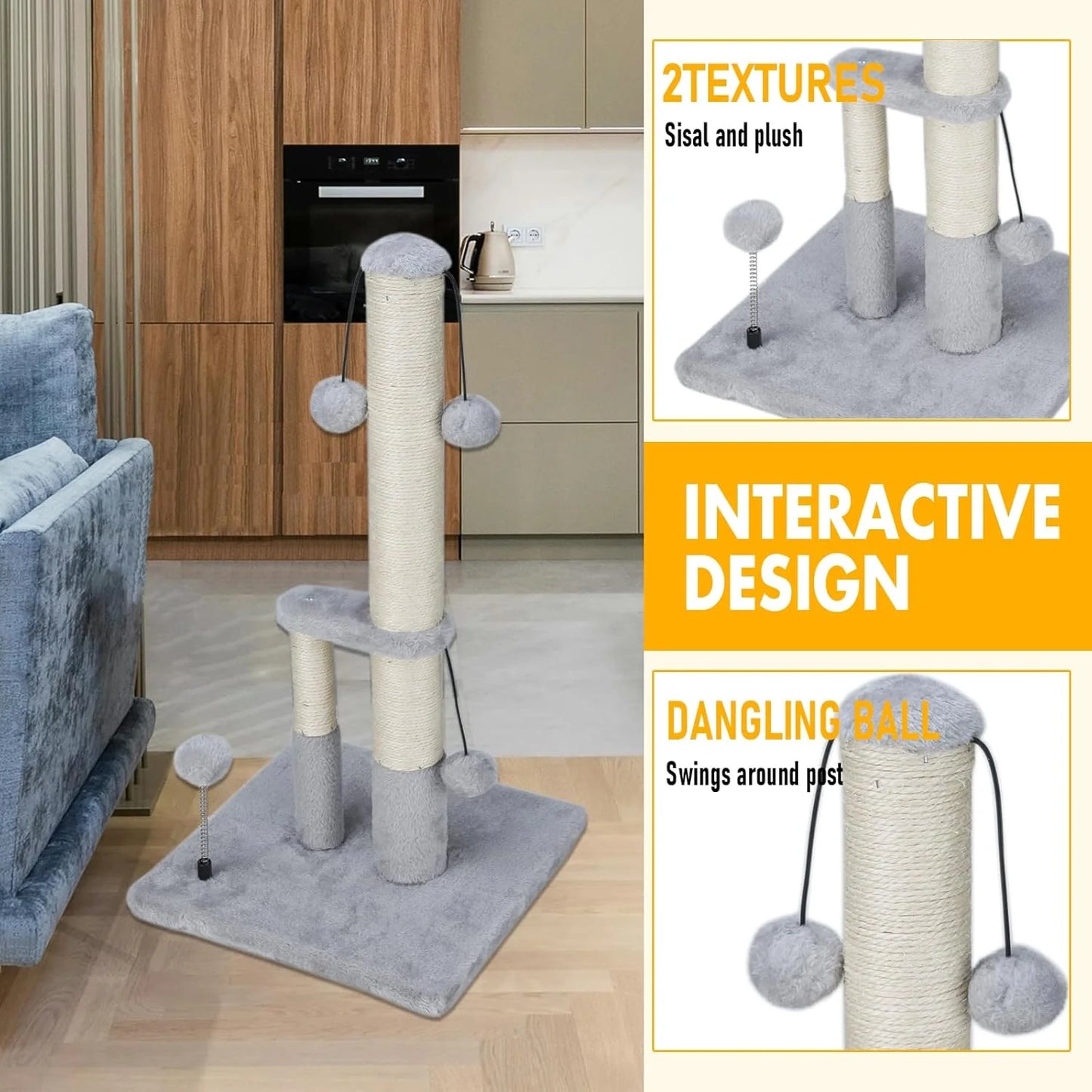 Tall Cat Scratching Post, Double Lower Posts Extra Stable Cat Post Tree Scratcher with Sisal Rope and Teasing 4 Balls Total Large Base