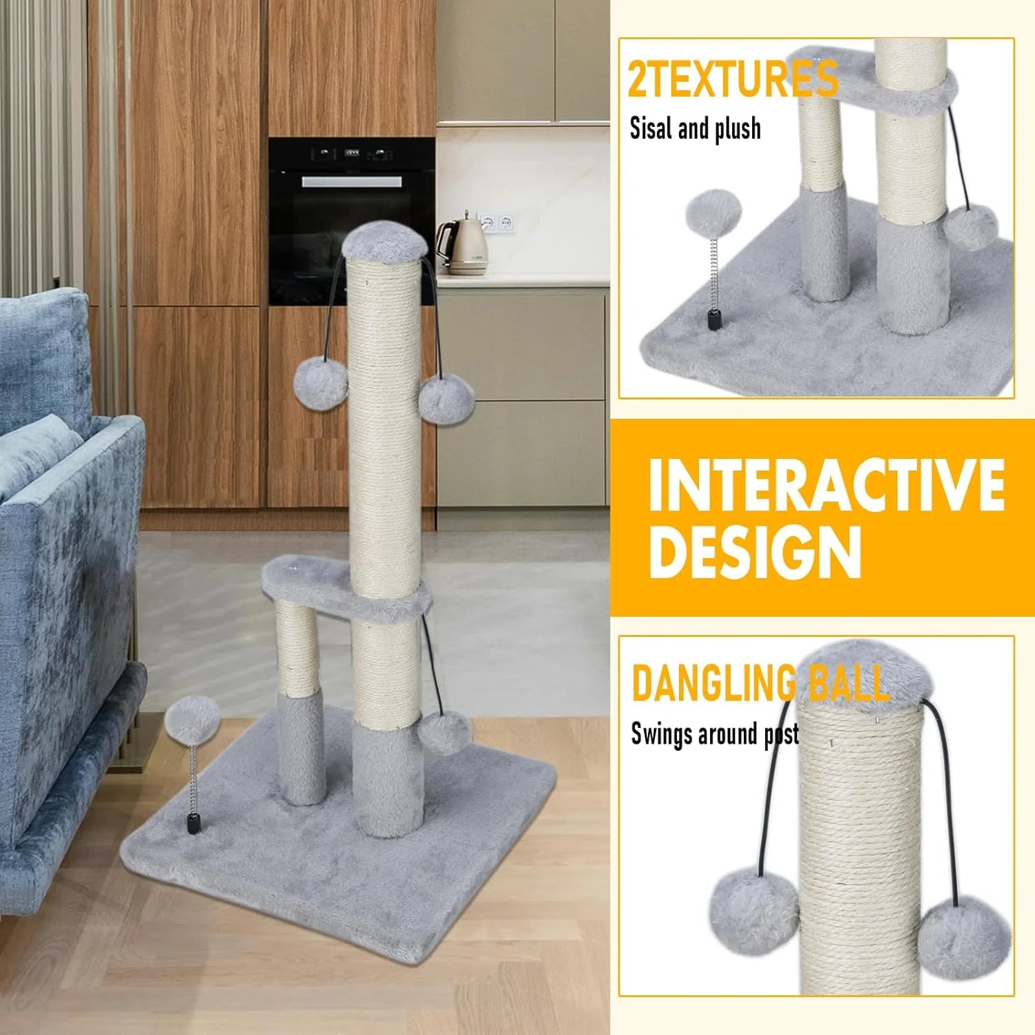 Tall Cat Scratching Post, Double Lower Posts Extra Stable Cat Post Tree Scratcher with Sisal Rope and Teasing 4 Balls Total Large Base