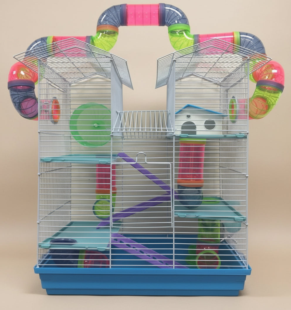 Large Multi Level Twin Tower Expansible and Customizable Habitat Hamster Rodent Gerbils Mouse Mice Small Animal Home Cage with Crossing Tube with Full Set of Accessories