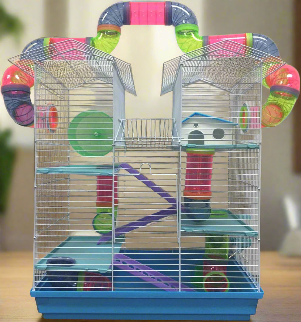 Large Multi Level Twin Tower Expansible and Customizable Habitat Hamster Rodent Gerbils Mouse Mice Small Animal Home Cage with Crossing Tube with Full Set of Accessories