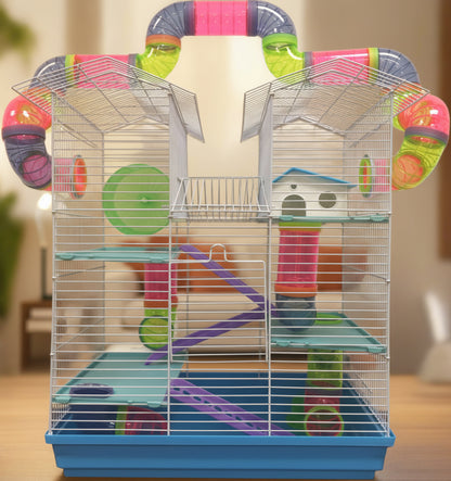 Large Multi Level Twin Tower Expansible and Customizable Habitat Hamster Rodent Gerbils Mouse Mice Small Animal Home Cage with Crossing Tube with Full Set of Accessories