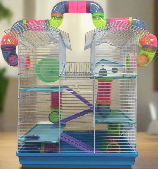 Large Multi Level Twin Tower Expansible and Customizable Habitat Hamster Rodent Gerbils Mouse Mice Small Animal Home Cage with Crossing Tube with Full Set of Accessories