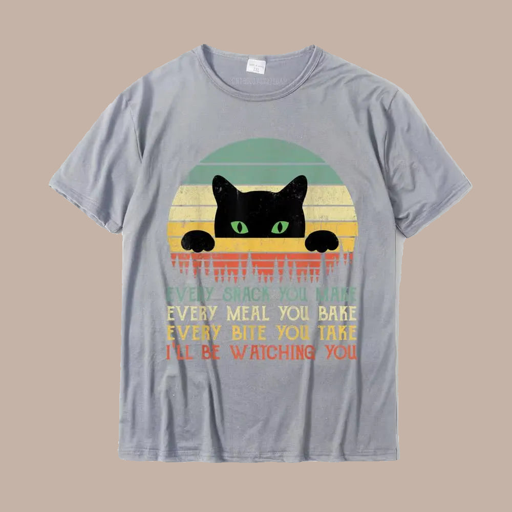 Gray t-shirt with a black cat graphic and text on a white background