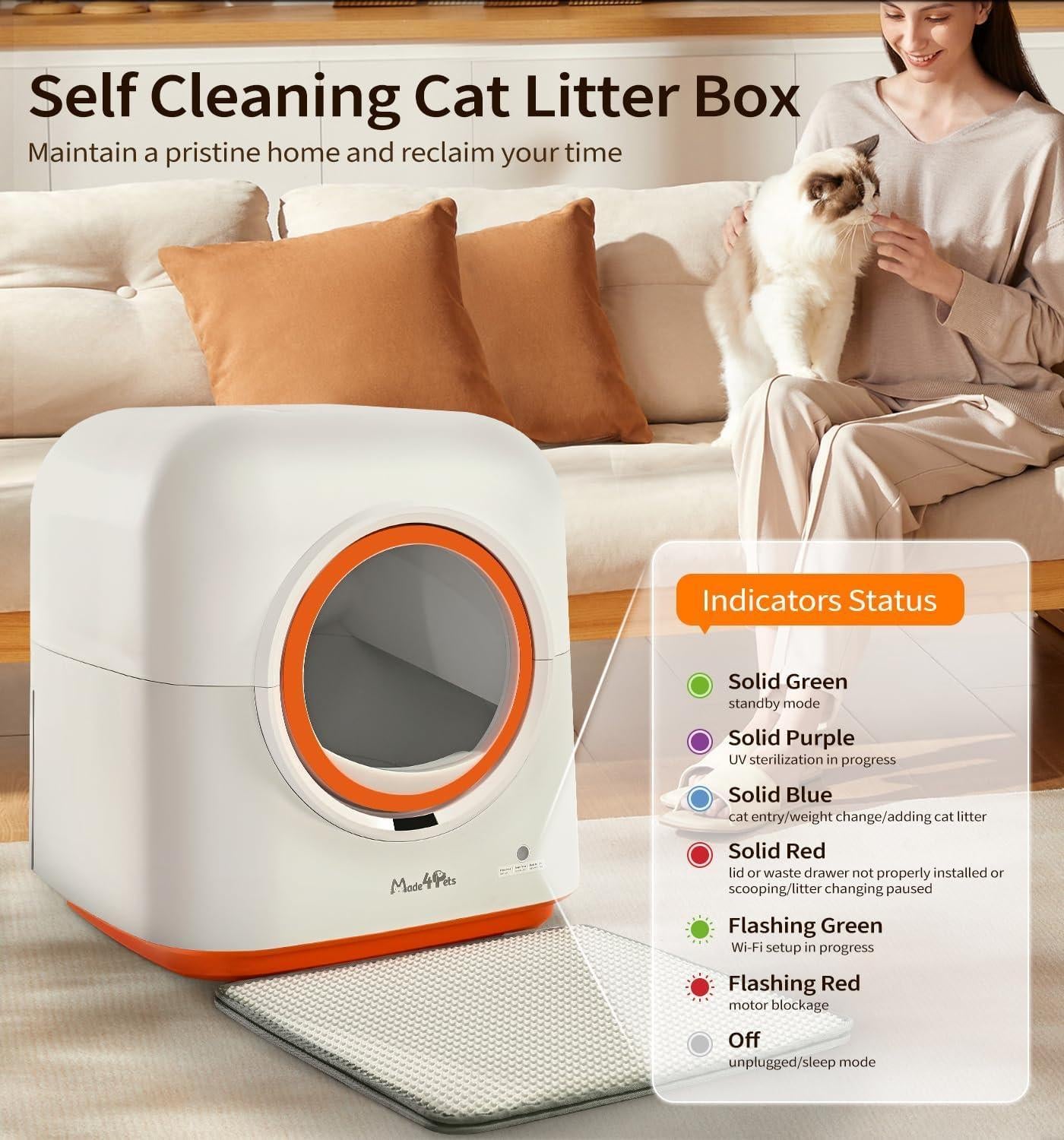Self cleaning cat litter box with a woman and cat in a living room setting