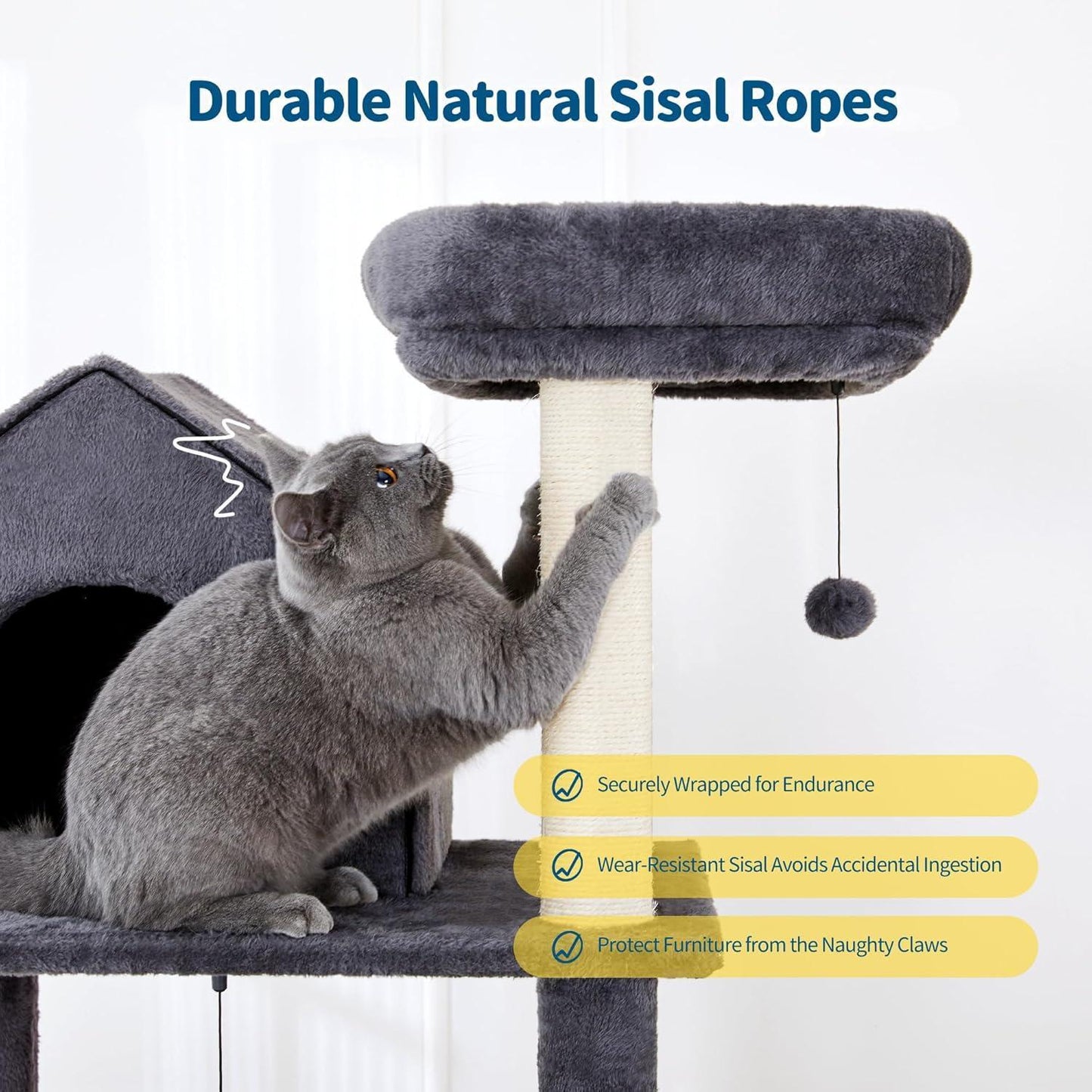 Cat playing with a gray cat tree with sisal ropes on a white background