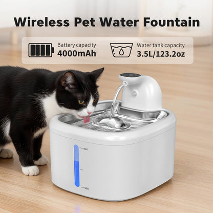 Wireless pet water fountain with a cat drinking from it on a wooden surface.