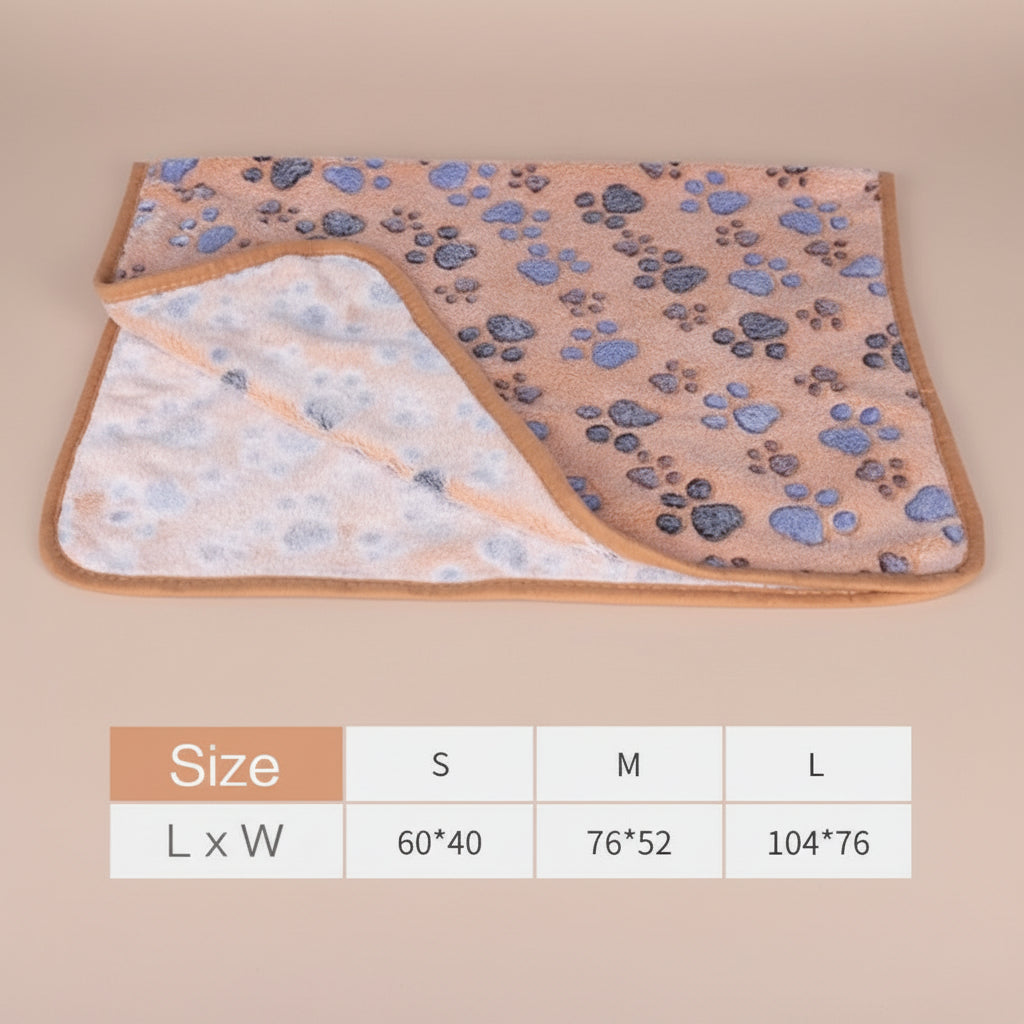 Floral-patterned pet blanket with size chart on a white background