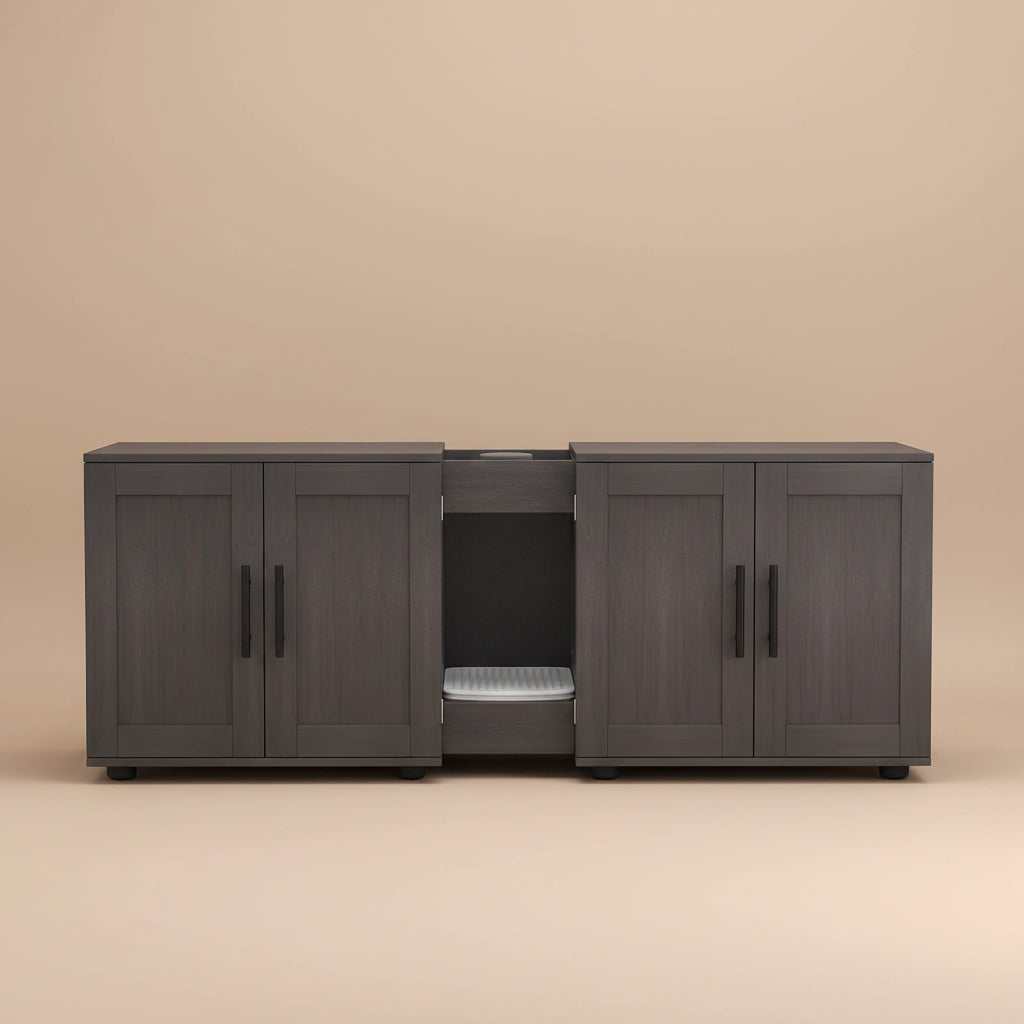 Dark wood double litter box enclosure  cabinet with a beige background.