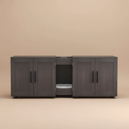 Dark wood double litter box enclosure  cabinet with a beige background.
