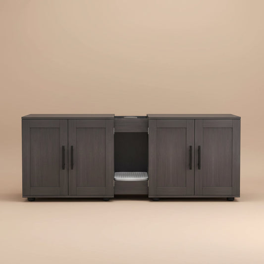 Dark wood double litter box enclosure  cabinet with a beige background.