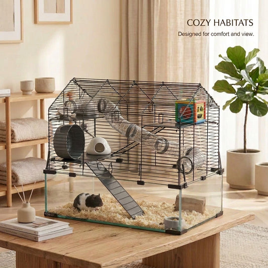 Black and white hamster in a Pet cage with clear front panel on a wooden table in a living room setting